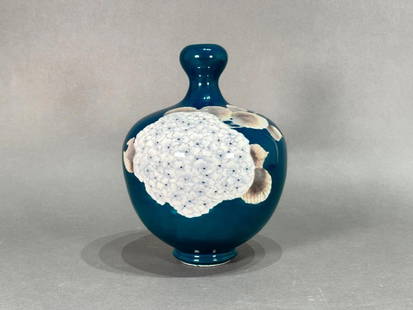 Japanese Porcelain Vase, Hydrangea by Makuzu Kozan: Japanese Porcelain Vase by Makuzu Kozan probably late 19th-early 20th century in date, is distinguished by a bulbous rim and the bold teal blue glaze. The motifs of a hydrangea blossom and butterflies