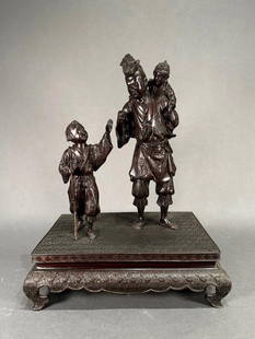 Large Japanese Bronze Figural Group, Daimyo and Sons, Meiji Period: Large Japanese Bronze Figural Group, Daimyo and Sons, Meiji Period, composed as a standing father figure with a young boy on his back, another son walking by his side, the father dressed in kimono and