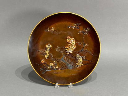 Fine Japanese Bronze and Mixed Metal Dish, N. Nagowa Workshop, Meiji Period: Fine Japanese Bronze and Shakudo and Mixed Metal Dish, N. Nagowa Workshop, Meiji Period, decorated with Daruma on a cliff over a waterfall looking upwards toward three Kannons, with a figure praying a