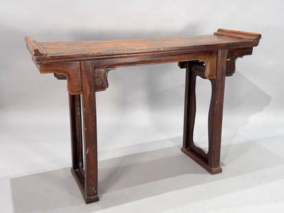 Antique Chinese Altar Table, 19thc.: Antique Chinese Altar Table, 19thc. Rectangular top with flange ends over a shaped apron, raised on squared legs joined by shaped stretchers at the base. Dimensions: 36 x 53 x 16 in. Condition: