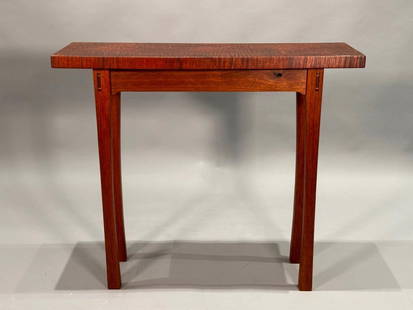 D. Yeager Quilted Sapele Wood Console Table, #1, 2005: D. Yeager Exotic Wood Small Console Table, No. 1 2005, Rectangular top in rare Quilted Sapele wood over a plain shaped frieze and mahogany legs with slight flare at foot, pinned construction, signed