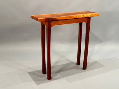 D. Yeager Live Edge Wood Console Table, #6, 2004: D. Yeager (American, Copley, OH, 20th/21st.c.) Exotic Wood Console Table, 2004, "Bow Leg Table" the rectangular top in rare ????? wood over a plain shaped frieze with mortise and tenon