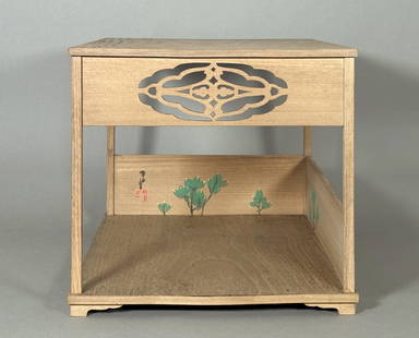 Rare Japanese Tea Ceremony Table, Kamisaka Sekka: Rare Japanese Tea Ceremony Table by Kamisaka Sekka (Japanese 1866-1942) Paulownia or Kiriwood table, of rectangular form with one side an openwork frieze, on squared legs over a stretcher shelf, the i