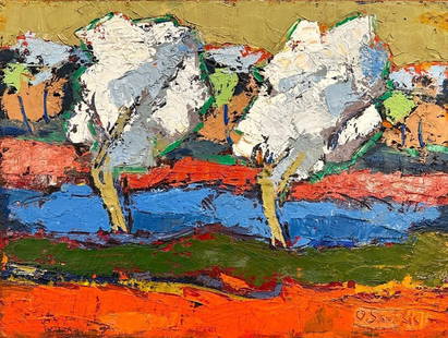 Oskar Skuskis Oil, Trees: Oskar Skuskis (Latvian/American, 1909-1978) Trees, 1975, oil on masonite panel, signed and dated lower right, framed. Dimensions: 18 x 24 in. panel size, 20.25 x 26.5 in. as framed. Condition: Very g