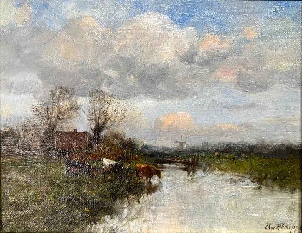 Charles Paul Gruppe Oil, Dutch Landscape with Cattle Watering (1 of 8)