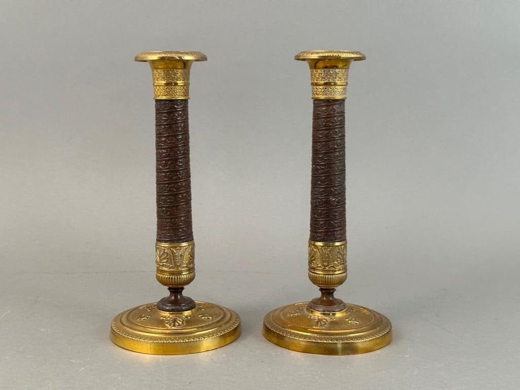 Pair French Restauration Patinated Bronze and Ormolu Candlesticks, 19thc. (1 of 6)