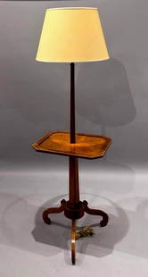 Regency Style Rosewood and Burl Wood Lamp Table: Regency Style Rosewood and Burl Wood Lamp Table, with squared tapering standard and rectangular table top raised on tripod scroll base. Provenance: John Rosselli, New York, NY Dimensions: 59 in.h.