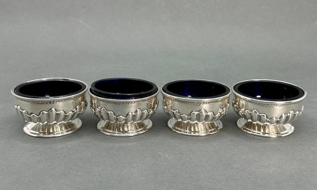 Four Sheffield Sterling Salt Cellars with Cobalt Glass Liners (1 of 4)