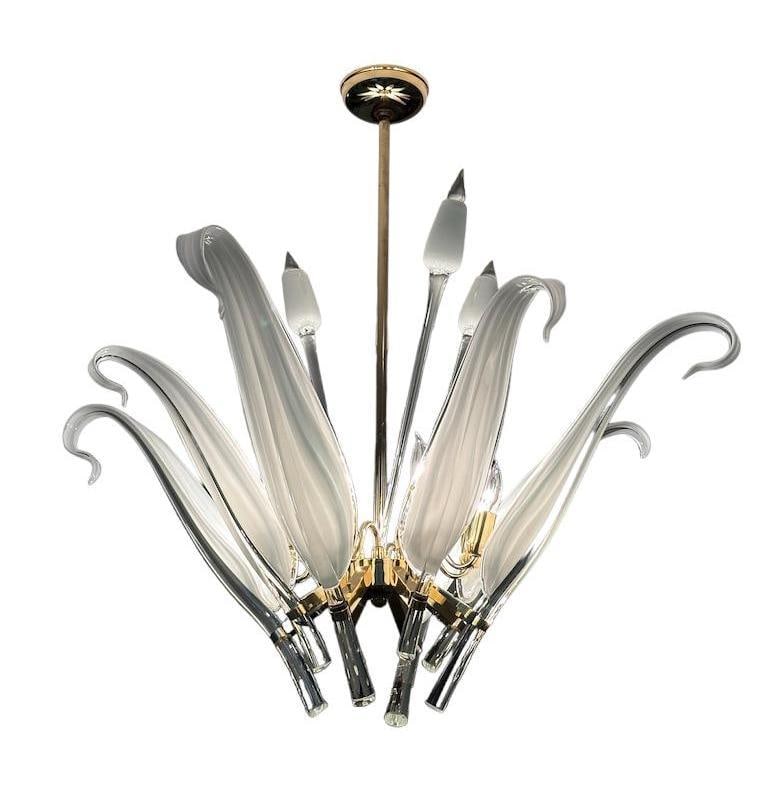 Franco Luce Modernist Murano Glass Chandelier, Cattails: Franco Luce Modernist Murano Glass Chandelier, Cattails, ca. 1970's, gold plated brass and cased glass. Electrified, functional. Each piece removable, disassembles. Dimensions: Condition: Lacking