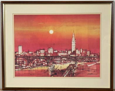 One VIKTOR SCHRECKENGOST (American 1906-2008): Cleveland City Skyline at Sunset offset color lithograph, signed in plate lower left some fading framed 16 1/4 x 22 1/2 inches image size