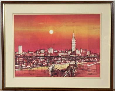 One VIKTOR SCHRECKENGOST (American 1906-2008): Cleveland City Skyline at Sunset offset color lithograph, signed in plate lower left some fading framed 16 1/4 x 22 1/2 inches image size