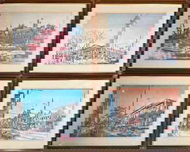 Four lithographs by VIKTOR SCHRECKENGOST (American 1906-2008): Fire Department Tugboat on Cuyahoga River, West Side Market, Lakeside, and Little Italy. Each one is an offset color lithograph, signed in the image, with some fading, framed, apprx 16 1/4 x 22 1/2 im
