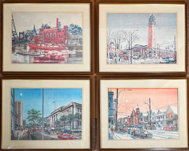 Four lithographs by VIKTOR SCHRECKENGOST (American 1906-2008): Fire Department Tugboat on Cuyahoga River, West Side Market, Lakeside, and Little Italy. Each one is an offset color lithograph, signed in the image, with some fading, framed, apprx 16 1/4 x 22 1/2 im