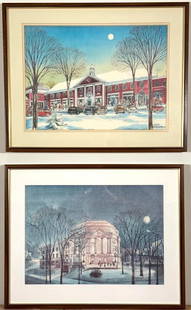 Two lithographs by VIKTOR SCHRECKENGOST lithographs (American 1906-2008): Severance Hall offset color lithograph, signed in plate lower right some fading framed apprx 16 1/4 x 22 1/2 inches image size Shaker Square offset color lithograph, signed in plate lower left some f