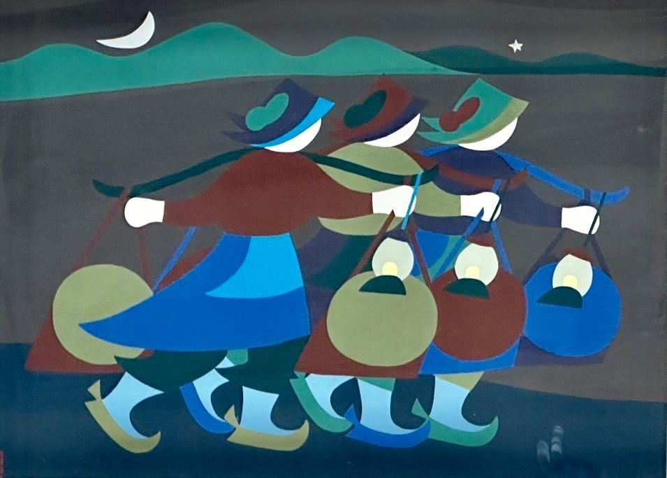 ZHANG XINYING (Chinese b. 1933): Going to the Market in the Early Morning tempera on paper, framed, apprx 20 1/4 x 28 1/2 inches image size