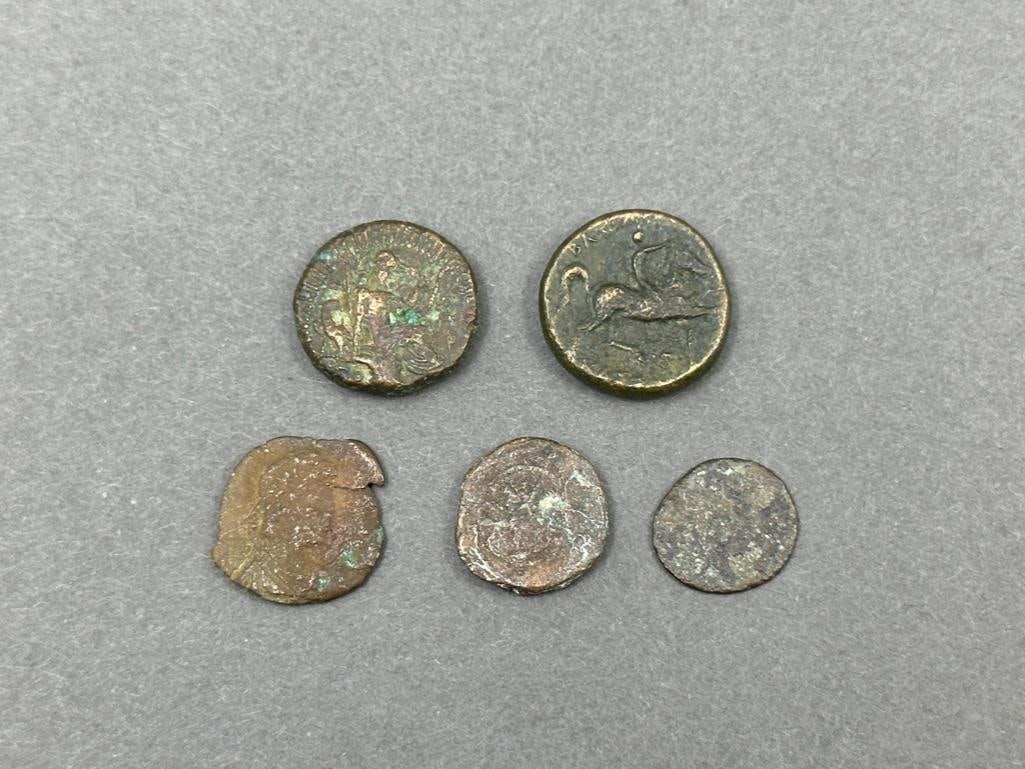 Lot of Five Roman Coins: Five coins Roman coins. As is, too worn to identify. Carved Alabaster Ram Statuette