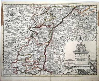 Two Maps of Alsace: Amsterdam, Pierre Vander, ca. 1713. Matted map, small, of L’ Alsace with new observations of the royal academie, with some hand coloring. Sheet size apprx 9-3/4" x 12", overall with mat appr