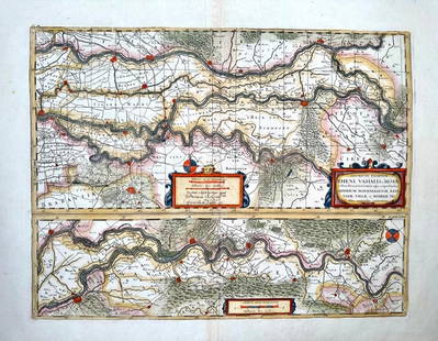 "Descriptio Flumium Rheni, Vahalis et Mosae", Wm. Blaeu, ca. 1643: Amsterdam, Pieter Schenk and Gerard Valk, ca. 1700, after the original published by Hondius. Copper plate engraved map of the Dutch rivers Rhine, Waal and Maas. A topographical map with old hand