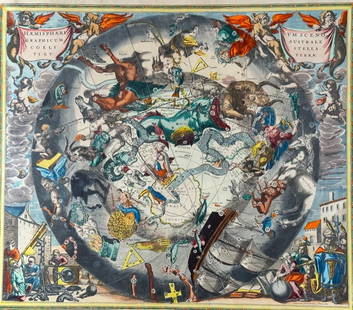 Decorative Celestial Map: 19th copy after Joannes Janssonius 17th cen. map "Haemisphaeri Graphicum Coeli Tiet", with modern color. Framed under glass, without mat, overall size apprx 20-1/2" x 26-1/4". From the collection of