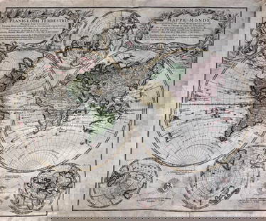 Planiglobii Terrestris Mappa Universalis Utrumqs Hemisphaerium Orient et Occidentale: Neuremberg: Homann Heirs, 1746. Double hemisphere map of the world, with four globes tangential to the hemispheres, showing earth from various angles in addition to the expected polar views. Two diagr
