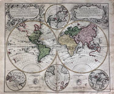 Planiglobii Terrestris Mappa Universalis Utrumqs Hemisphaerium Orient et Occidentale: Neuremberg: Homann Heirs, 1746. Double hemisphere map of the world, with four globes tangential to the hemispheres, showing earth from various angles in addition to the expected polar views. Two