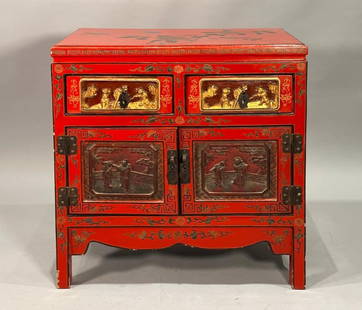 Chinese Red Lacquer Small Cabinet: Chinese Red Lacquer Small Cabinet, probably early 20th century in date, is was created for an affluent family home. The drawers and doors on the front of the piece are decorated with carved panels wit