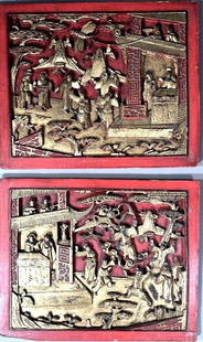 Two Chinese Carved and Gilded Cinnabar Lacquer Panels, Early 20thc.: Two Chinese Carved and Gilded Cinnabar Lacquer Panels, Early 20thc. Likely panels from a cabinet, carved in deep relief with figures practicing Tai Chi outside a temple with other figures observing. D