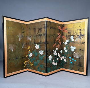 Japanese Rimpa Style Four Panel Folding Screen, Modern: Japanese Rimpa Style Four Panel Folding Screen, Modern, decorated with grasses and flowers on a gilded ground, mounted on silk brocade. Dimensions: 36 in. total ht. 2 end panels 18 in. l. 2 middle pan