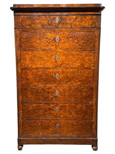 German Burl Wood Tall Chest, 19thc.: German Burl Wood Tall Chest, 19thc. Stepped rectangular top over seven long drawers, raised on bun feet. Dimensions: 64 x 39 x 21 in. From the collection of Juliane and Philip Lynch, Shaker Heights, O