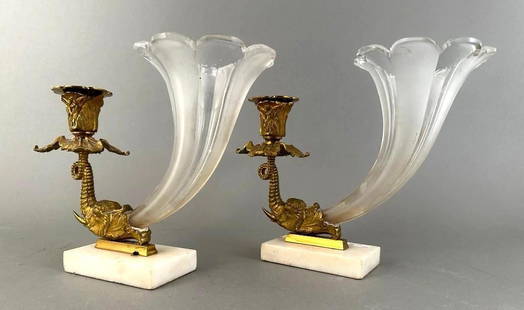 Pair of Victorian Gilt Bronze and Glass Cornucopia Candelabra Vases: Pair of Victorian Gilt Bronze and Glass Cornucopia Candelabra Vases, 19thc. cast in gilt bronze with elephant head terminates supporting a candle bobeche, with a cut and frosted glass cornucopia vase