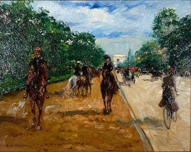 Georges Stein Oil, "Avenue du Bois, Paris": Georges Stein (French 1870-1955) "Avenue du Bois, Paris," oil on panel, signed lower left and inscribed 'Paris,' framed. Dimensions: 7 x 9 in. panel size, 15.5 x 17.5 in. as framed. Co