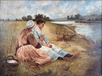 Oil Painting After Charles Sprague Pearce, The Consoling Friend: After Charles Sprague Pearce (American 1851-1914) The Consoling Friend, oil on canvas, unsigned, framed. Dimensions: 14 x 1875 in. canvas size, 18.5 x 23 in. as framed. Condition: Small losses and wea