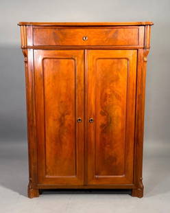 Continental Mahogany Two Door Tall Cabinet, 19thc.: Continental Mahogany Two Door Tall Cabinet, 19thc. Rectangular top with molded scalloped edge over a frieze drawer and a pair of hinged panel doors. Five interior pine shelves. Dimensions: 50.5 x 36 x