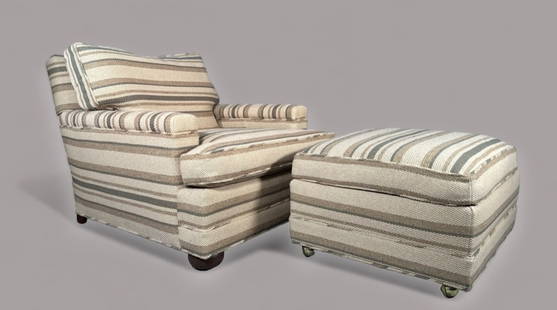 Large Scale Upholstered Armchair and Ottoman: Large Scale Upholstered Armchair and Ottoman, Contemporary, squared form with loose cushion back and seat, on bun feet, the ottoman on casters, upholstered in cotton hemp striped textured fabric. Dime