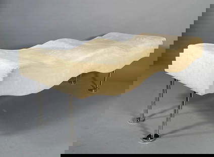 Stanley Friedman for Brueton, Undulatus Wave Bench: Stanley Friedman for Brueton, Undulatus Wave Bench, wavy form bench upholstered in beige ultrasuede, raised on chromed steel legs. Bearing Brueton label to underside. Dimensions: 21 x 55 x 24 in. Cond