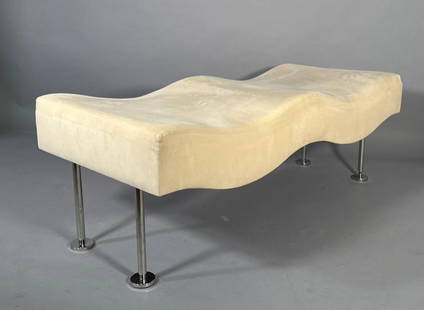 Stanley Friedman for Brueton, Undulatus Wave Bench: Stanley Friedman for Brueton, Undulatus Wave Bench, wavy form bench upholstered in beige ultrasuede, raised on chromed steel legs. Bearing Brueton label to underside. Dimensions: 21 x 55 x 24 in. Cond