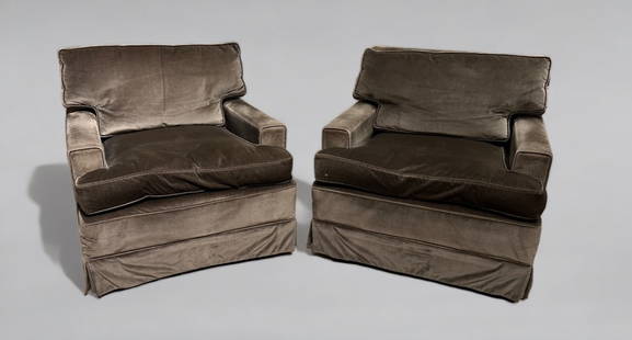 Attractive Pair Custom Upholstered Lounge Chairs, c.1960's: Attractive Pair Custom Upholstered Lounge Chairs, c.1960's, with loose down filled back and seat cushions, skirted over tapered wood legs, in chocolate brown velvet, mid century modern design and peri