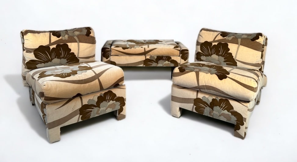 Pair of 1970's Custom Upholstered Slipper Chairs and Bench (1 of 9)