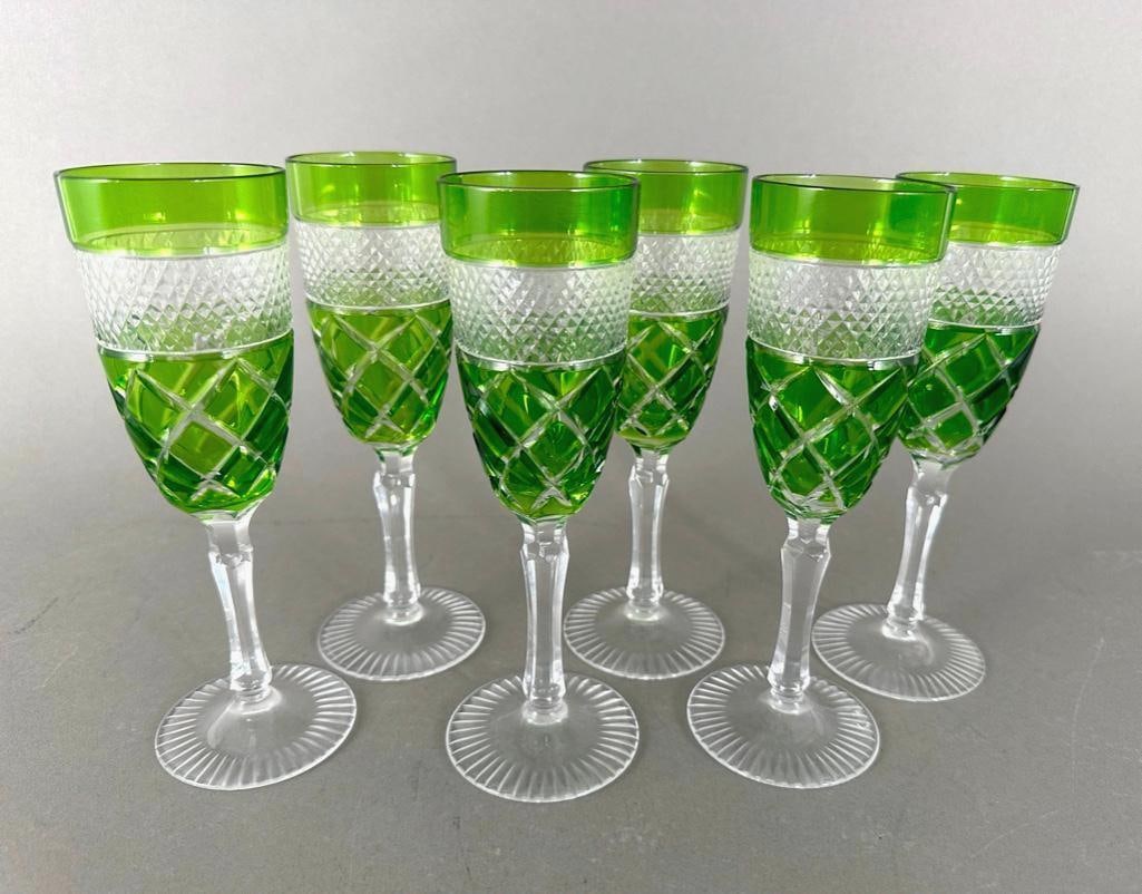 Six Green Overlay Cut Glass Champagne Flutes (1 of 5)