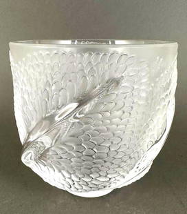 Lalique "Andromeda" Vase: Lalique &#34;Andromeda&#34; Vase, of cylindrical tapering form in clear and frosted crystal molded with a pattern of overlapping leaves, designed by Marc Lalique. Incised signature Lalique France. Dim