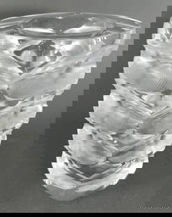 Lalique Mortefontaine Vase: Lalique Mortefontaine Vase, four sided tapering form with etched and frosted horizontal lozenge shapes, with incised signature Lalique France. Dimensions: 9.5 in.h., 7 in. dia. of top. Condition: Very