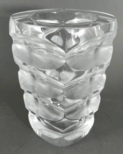 Lalique Mortefontaine Vase: Lalique Mortefontaine Vase, four sided tapering form with etched and frosted horizontal lozenge shapes, with incised signature Lalique France. Dimensions: 9.5 in.h., 7 in. dia. of top. Condition: Very