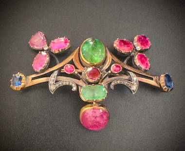 19th Art Nouveau Century Brooch, by R. Koch: 19th Art Nouveau Century Brooch, by R. Koch, Antique European brooch; a mix of gold and silver, set with emeralds, rubies sapphires and rose cut diamonds. Bar pin clasp. Stamped R. Koch apprx 14.8 gra