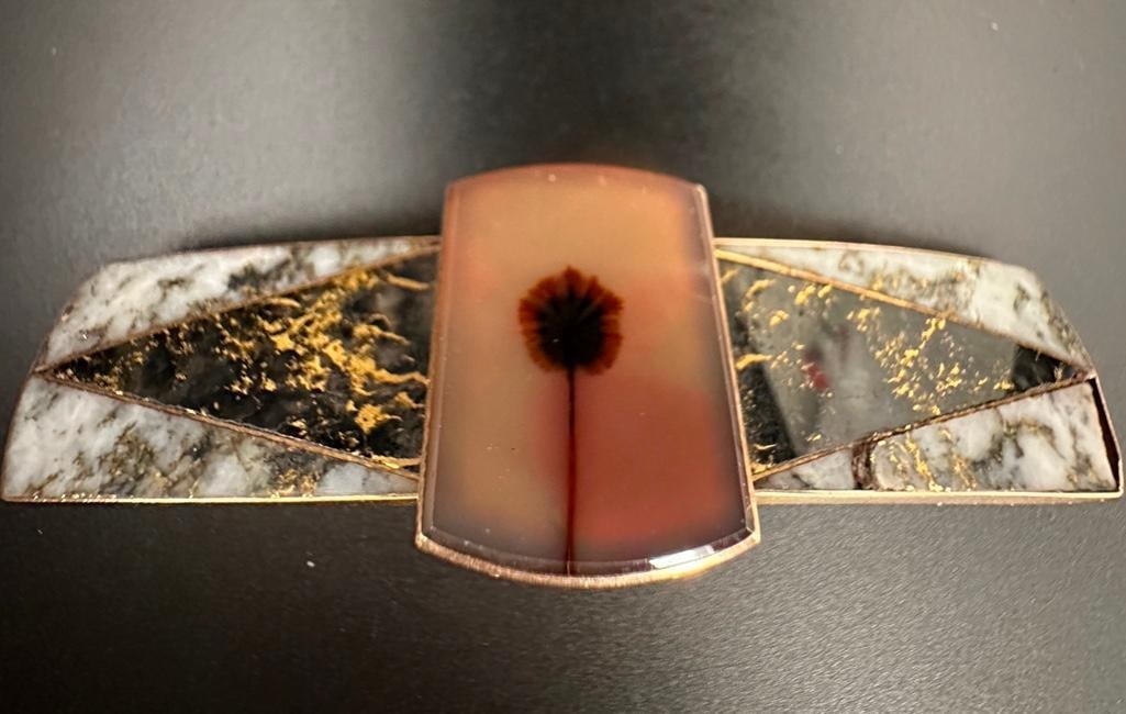 "Mother" Brooch, from "Henry and Ettie" dated 1879: "Mother", from Henry and Ettie, 1879. Polished quartz and chalcedony set into unmarked gold frame, verso inscribed and dated. Bar pin closure. Apprx 3"L x 1"T. From the collection of Juliane and Phili