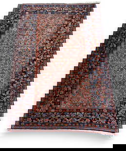 Antique Bidjar Carpet, 7'5" x 4'10": Antique Bidjar Carpet, stylized floral designs on a salmon field in pea green, blue and navy, the borders with a larger floral scroll design in the same colors on navy. Dimensions: 7'5 x 4'10". From t