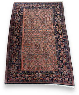 Antique Bidjar Carpet, 7'5" x 4'10": Antique Bidjar Carpet, stylized floral designs on a salmon field in pea green, blue and navy, the borders with a larger floral scroll design in the same colors on navy. Dimensions: 7'5 x 4'10". From t