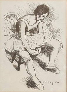 Moses Soyer Lithograph, "Ballerina": Moses Soyer (American 1899-1974) " Ballerina," lithograph on paper, signed in the plate, matted and framed. Dimensions: 10 x 7.25 in. 15 x 12 in. as framed. Condition: Light toned and light