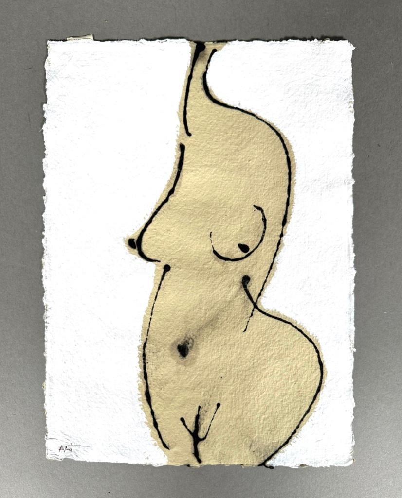 Ali Golkar Drawing, Standing Female Nude: Ali Golkar (Iranian, b.1948) Standing Female Nude, two sided ink and wash on hand made paper, signed lower left to one side, unframed. Dimensions: 12 x 8.25 in. sheet size Condition: Very good with no