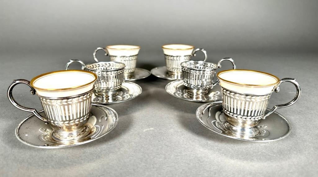 Set of Six Lenox Porcelain Demitasse Cups in Sterling Silver (1 of 10)