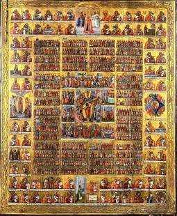 A Russian Year Calendar Icon, Late 19thc.: A Russian Year Calendar Icon, Late 19thc., centered by the Anastasis (Resurrection) and the calendar for the year with groupings of saints surrounded by depictions of the Mother of God. Mounted on